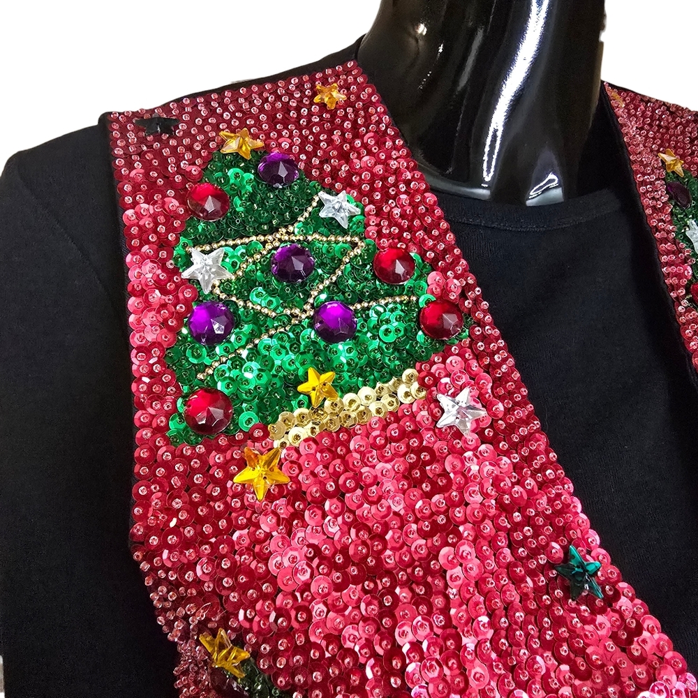 Vintage 90s JC Christmas Tree Sequin and Jewel Vest | Size Small - Picture 8 of 17